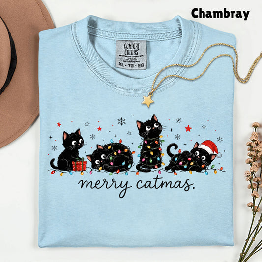 Merry Catmas Black Cats Christmas T-Shirt, Christmas Lights Black Kittens Cat Lover Tee