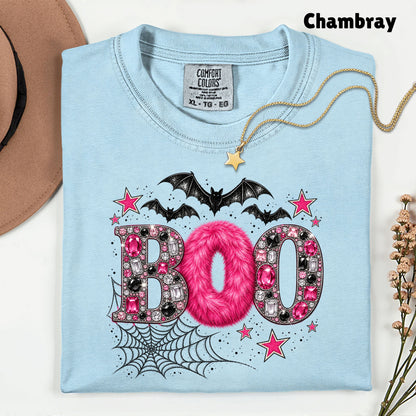 Boo Pink Glitter Bats Halloween T-Shirt, Spider Web Sparkle Comfort Color Tee