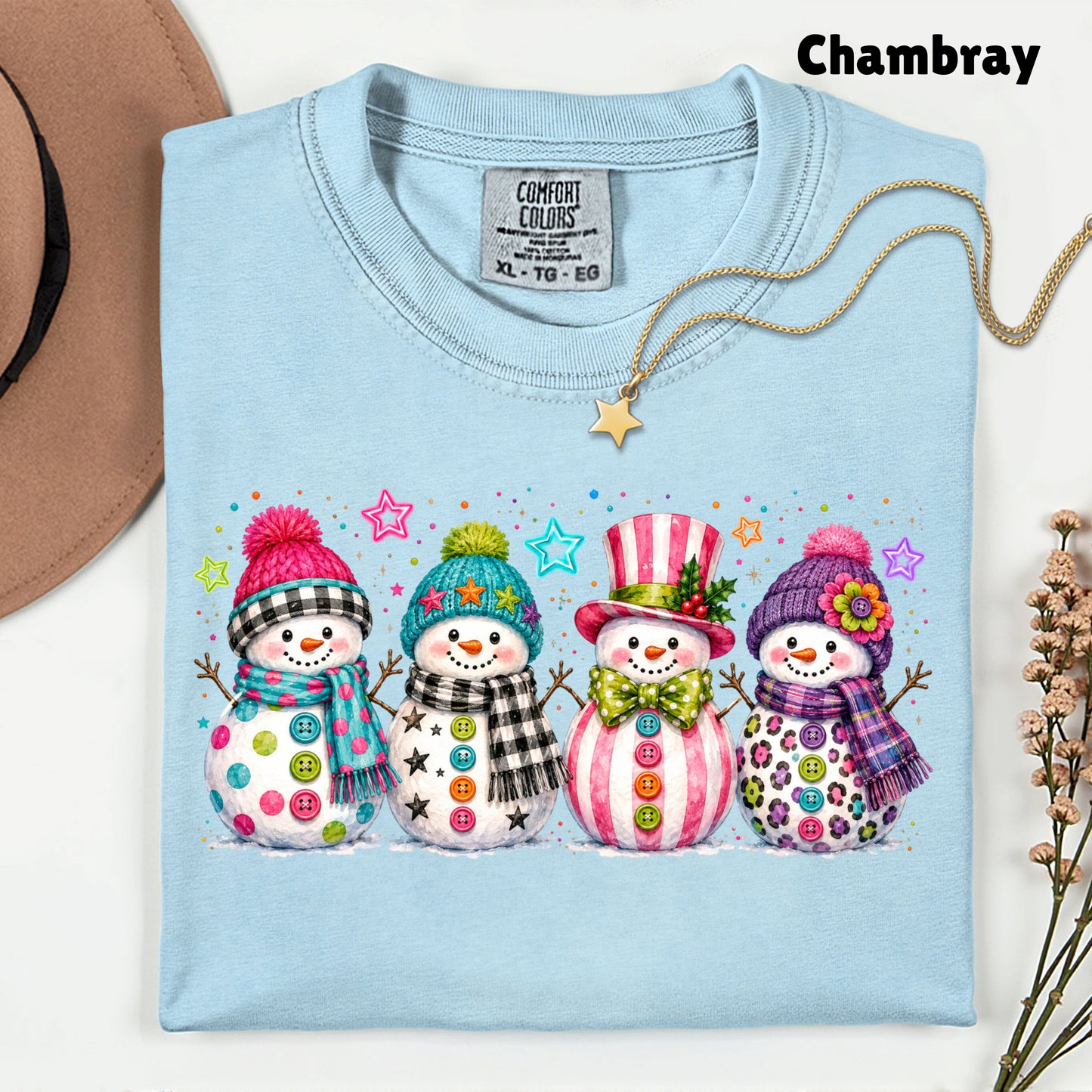 Christmas Colorful Snowmen T-Shirt, Cute Winter Snowman Beanies Scarves Holiday Tee