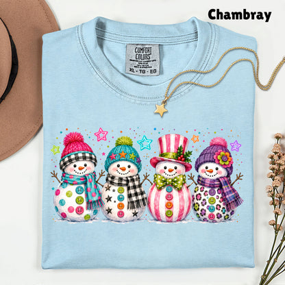 Christmas Colorful Snowmen T-Shirt, Cute Winter Snowman Beanies Scarves Holiday Tee
