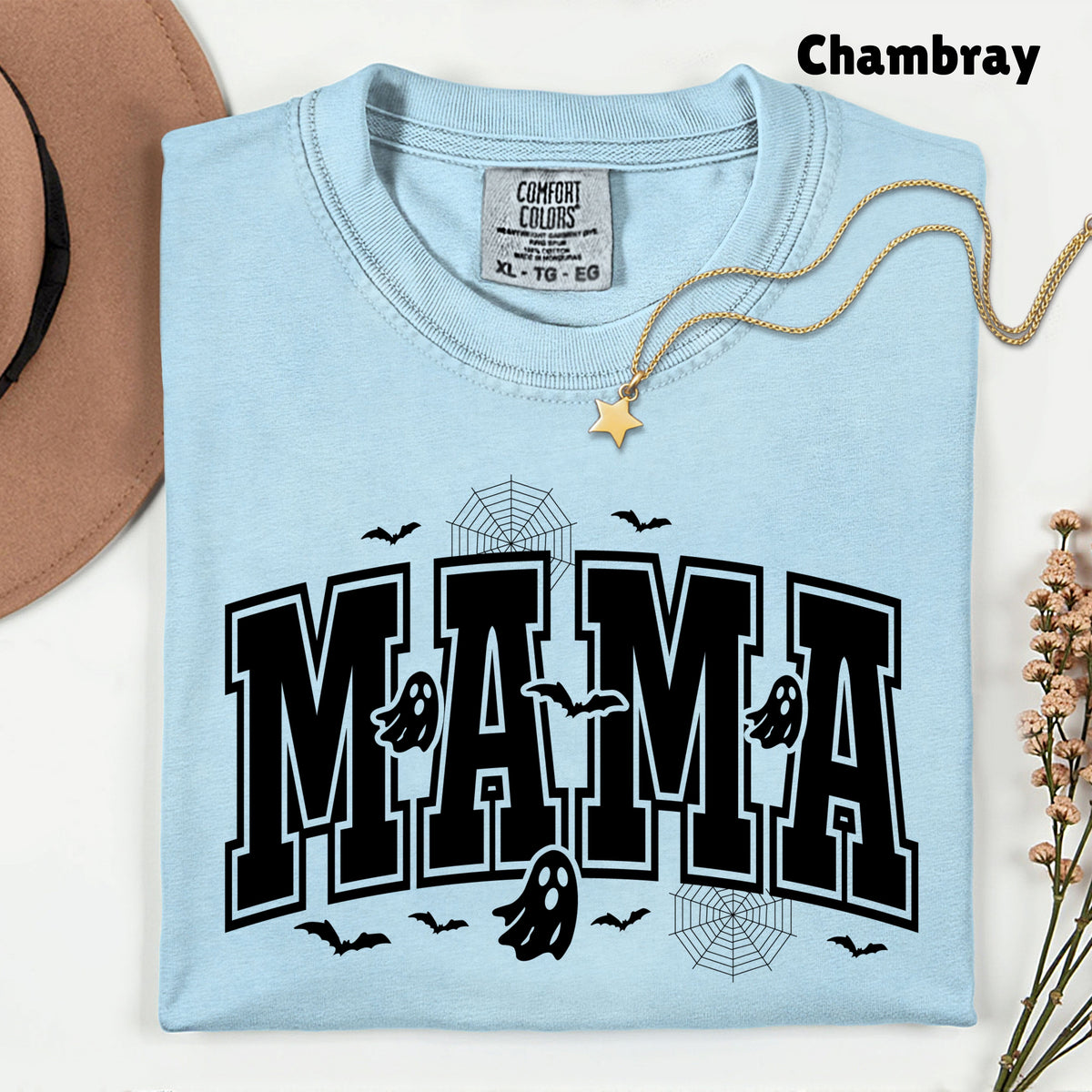 Mama Halloween Spooky Ghost Bats T-Shirt, Varsity Cute Mom Tee