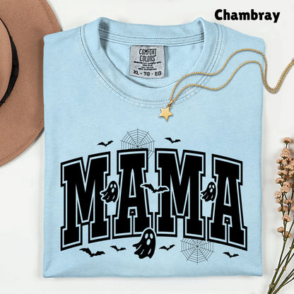 Mama Halloween Spooky Ghost Bats T-Shirt, Varsity Cute Mom Tee