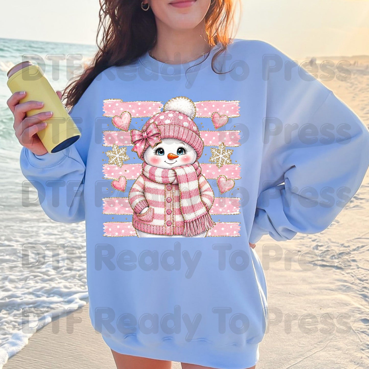 Cute Pink Snowgirl DTF Transfers, Winter Snowman Beanie Bow Pink Stripes Hearts Ready to Press