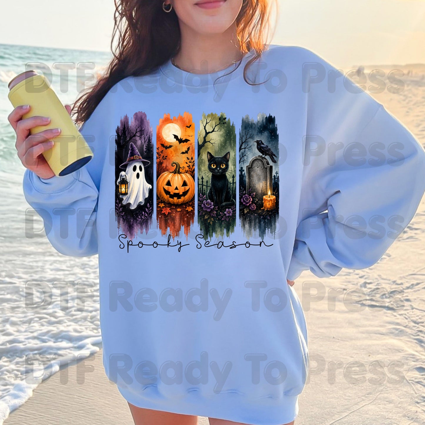 Halloween Spooky Season DTF Transfers, Brushstroke Ghost Pumpkin Black Cat Crow Tombstone Ready to Press