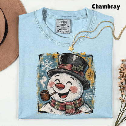 Vintage Snowman Christmas T-Shirt, Top Hat Pipe Snowflakes Scarf Comfort Color Tee
