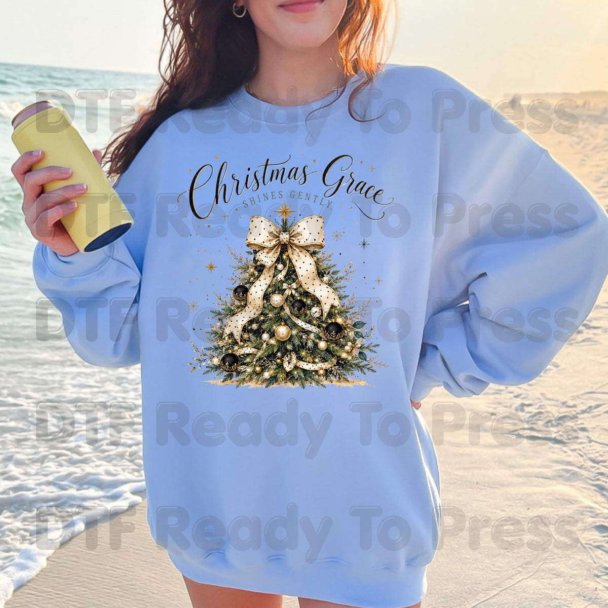 Grace Shines Gently Christmas DTF Transfers, Tree Gold Ribbon Elegant Holiday Ready to Press