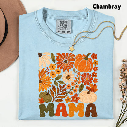 Mama Fall Floral Pumpkins T-Shirt, Retro Groovy Autumn Flowers Thanksgiving Comfort Color Tee
