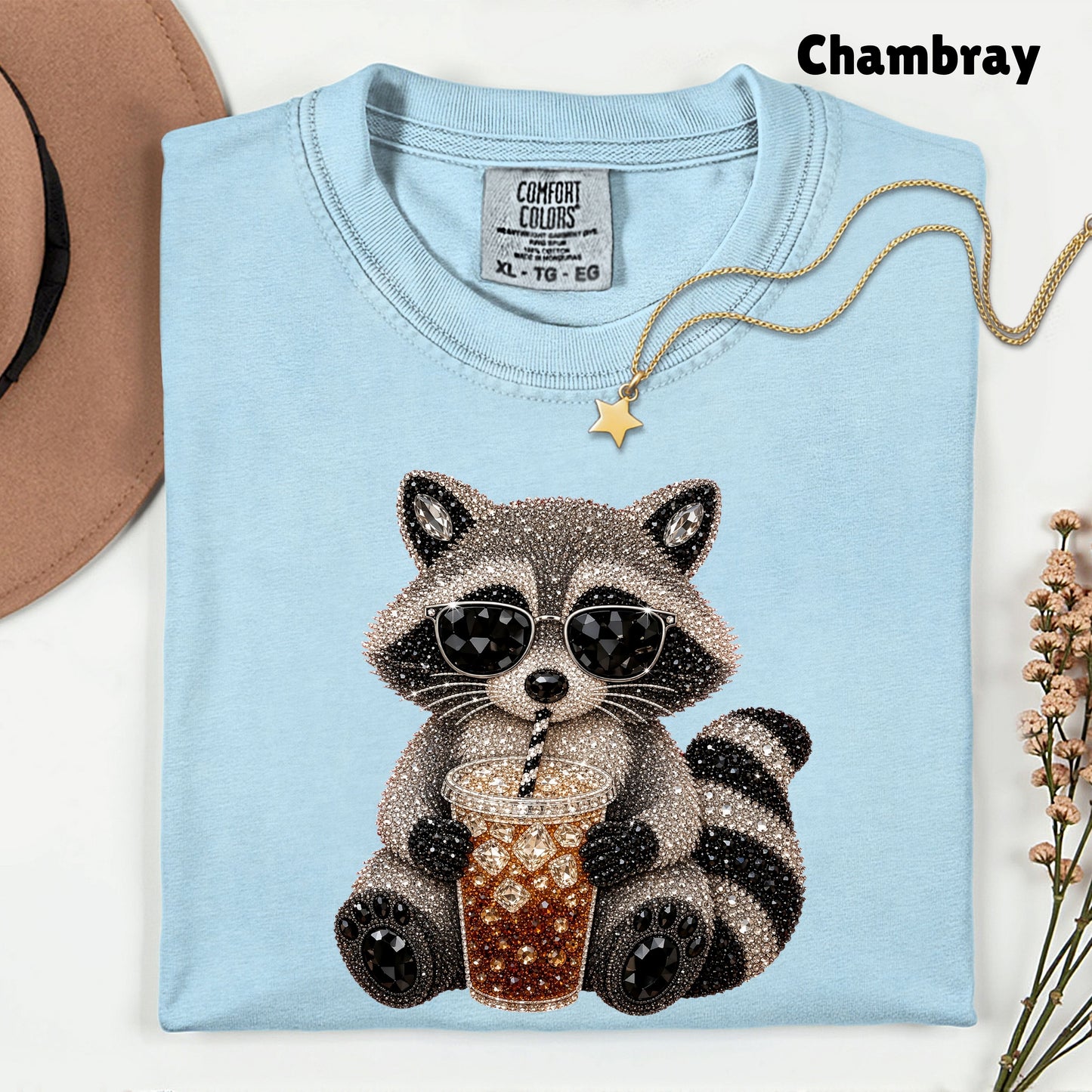 Cool Raccoon Iced Coffee T-Shirt, Sunglasses Trash Panda Rhinestone Tee Sweatshirt