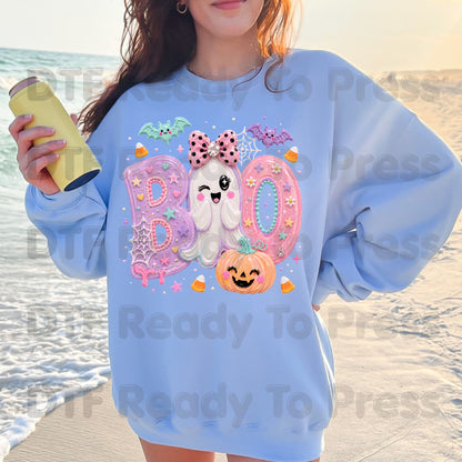 Pastel Cute Ghost Halloween BOO DTF Transfers, Pink Purple Bow Pumpkin Candy Corn Kids Girls Ready to Press