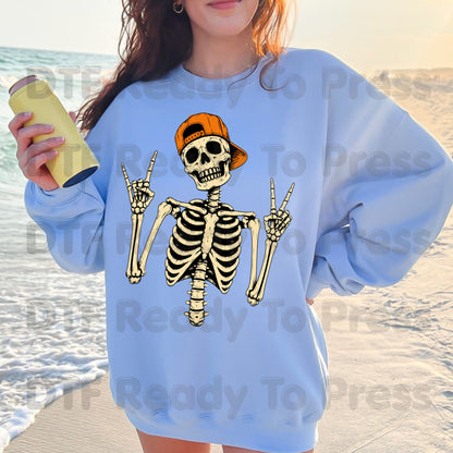 Cool Skeleton DTF Transfers, Rock On Peace Sign Halloween Orange Hat Ready to Press