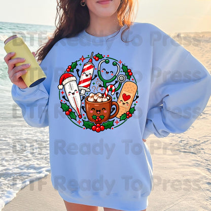 Christmas Medical Nurse DTF Transfers, Holiday Cocoa Thermometer Syringe Nurse Ready to Press