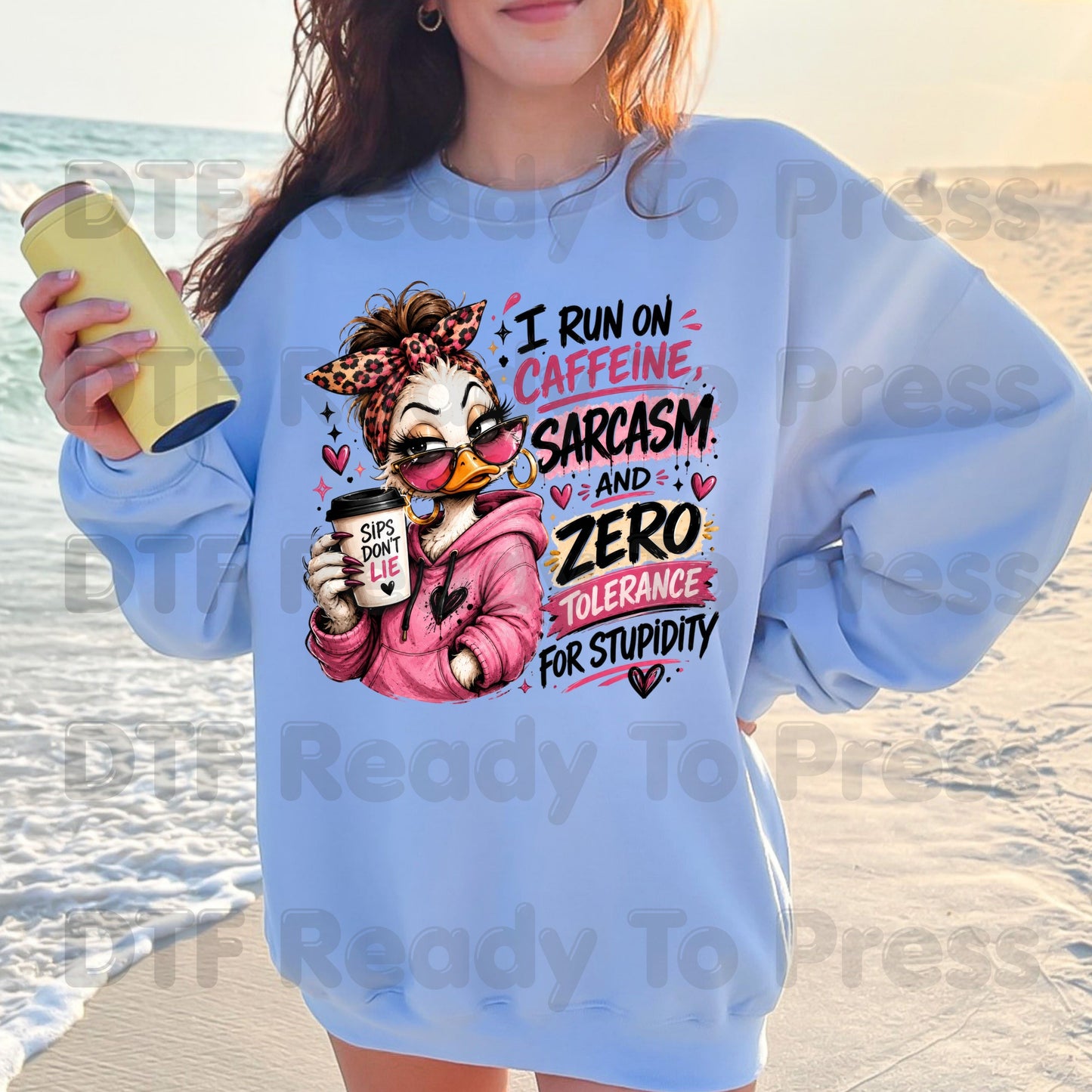 Funny Duck Caffeine DTF Transfers, I Run on Caffeine Sarcasm Coffee Messy Bun Leopard Bow Women Ready to Press