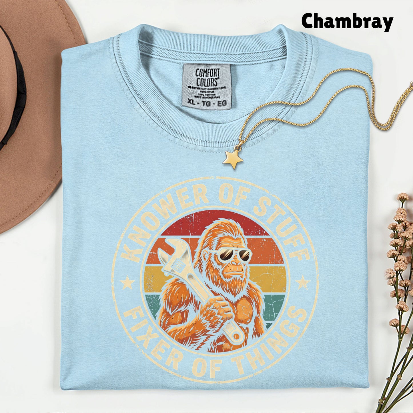 Funny Bigfoot Knower of Stuff Fixer of Things T-Shirt, Retro Sasquatch Wrench Sunglasses Dad Handyman Tee