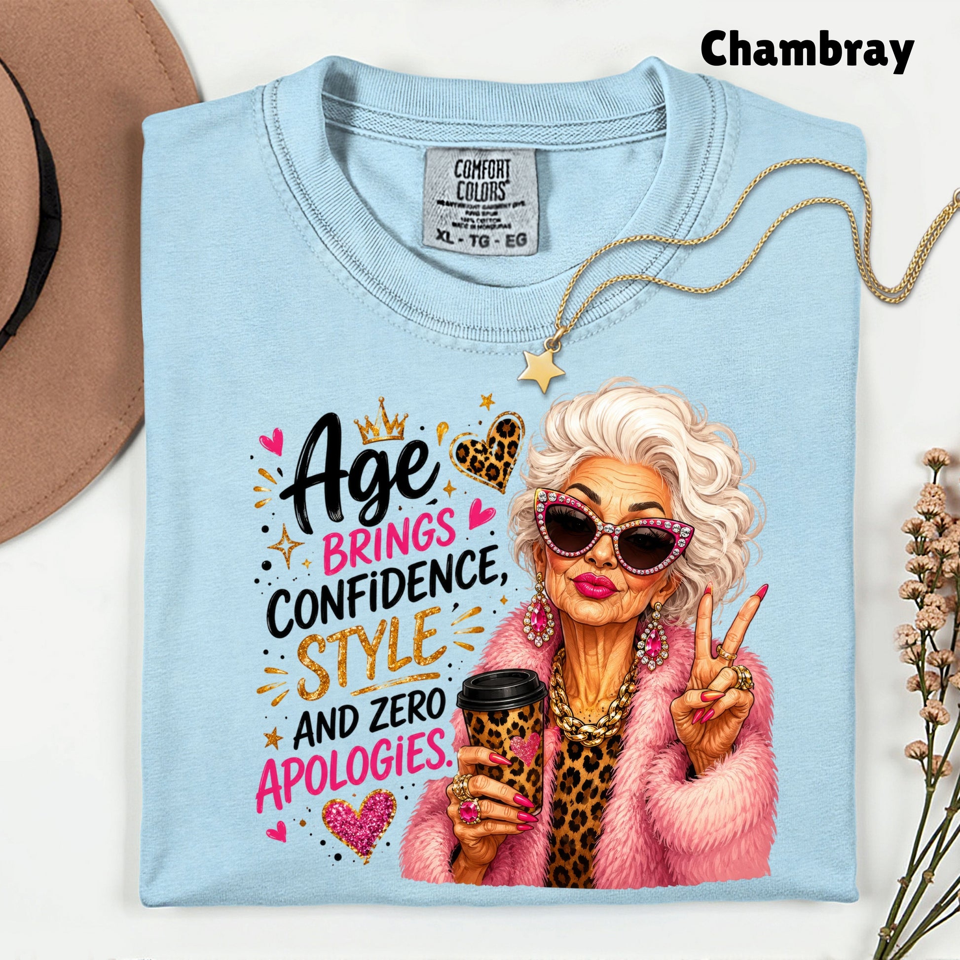 Age Brings Confidence Senior Woman T-Shirt, Fabulous Glam Leopard Coffee Comfort Color Tee