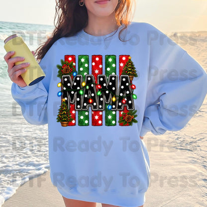 Christmas Mama DTF Transfers, Christmas Tree Lights Black Polka Dot Holiday Ready to Press