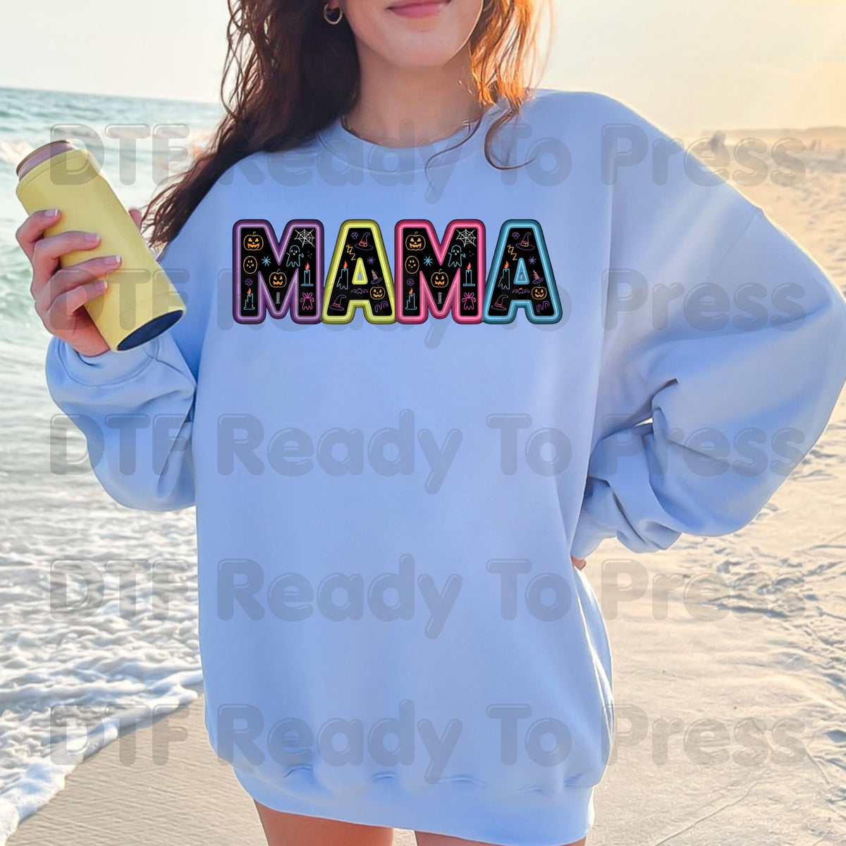 Halloween Mama DTF Transfers, Neon Spooky Doodle Ghost Pumpkin Witch Hat Ready to Press