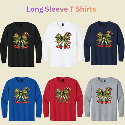 Christmas Elf T-Shirt, Green Bow Striped Legs Tee, Cute Holiday Sweatshirt