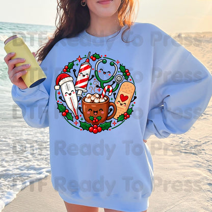 Christmas Medical Squad DTF Transfers, Cute Nurse Holiday Cocoa Stethoscope Graphic Ready to Press