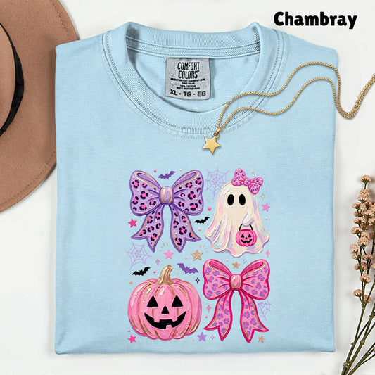 Coquette Halloween Ghost Pink Pumpkin Leopard Bow T-Shirt, Spooky Cute Tee