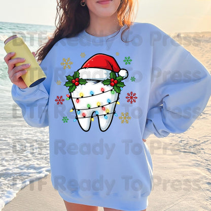 Christmas Tooth Santa Hat DTF Transfers, Dental Holiday Lights Snowflake Festive Ready to Press