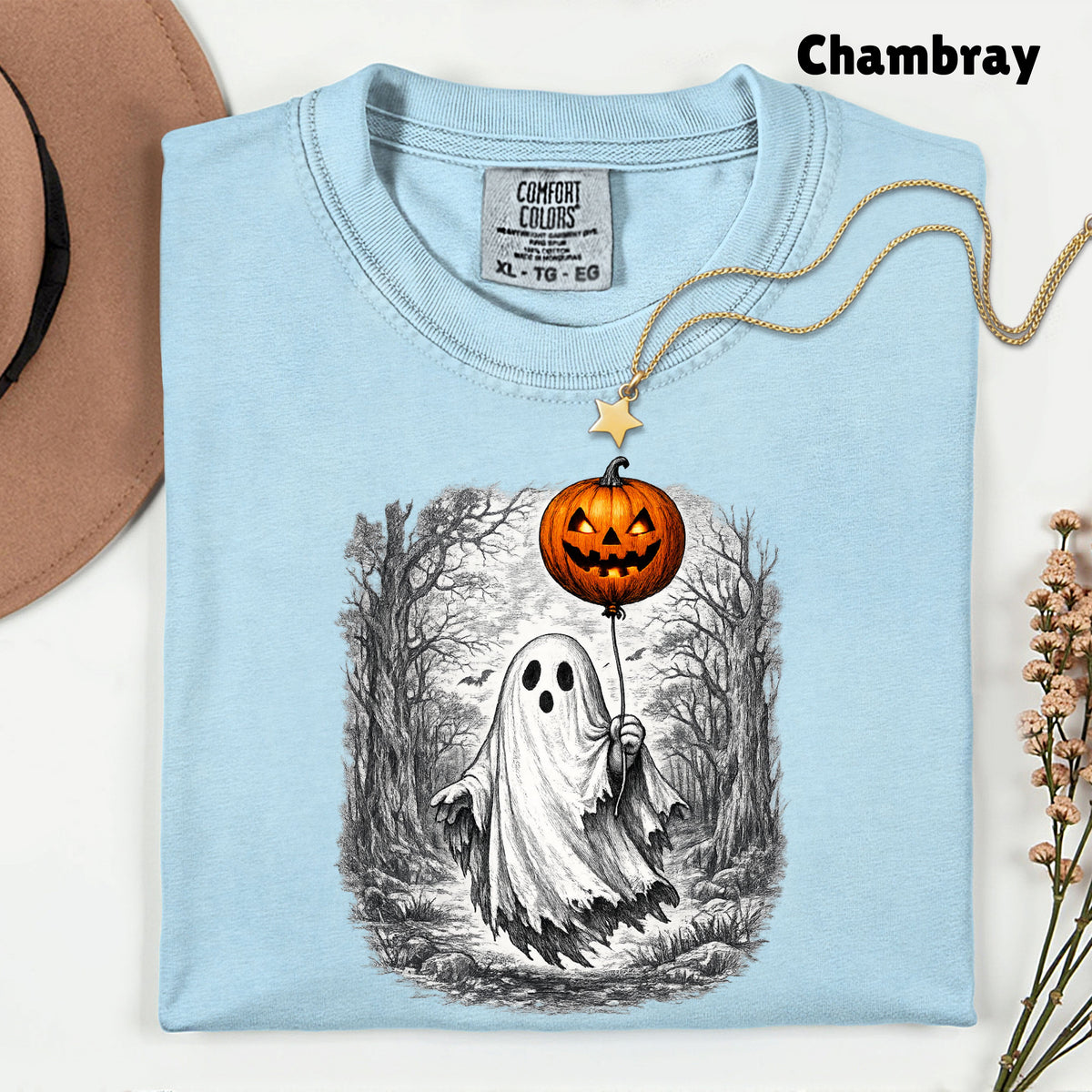 Vintage Halloween Ghost Pumpkin Balloon T-Shirt, Spooky Forest Retro Tee