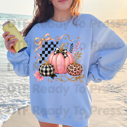 Pink Coquette Fall Pumpkin DTF Transfers, Leopard Plaid Ribbon Bow Checkered Autumn Ready to Press