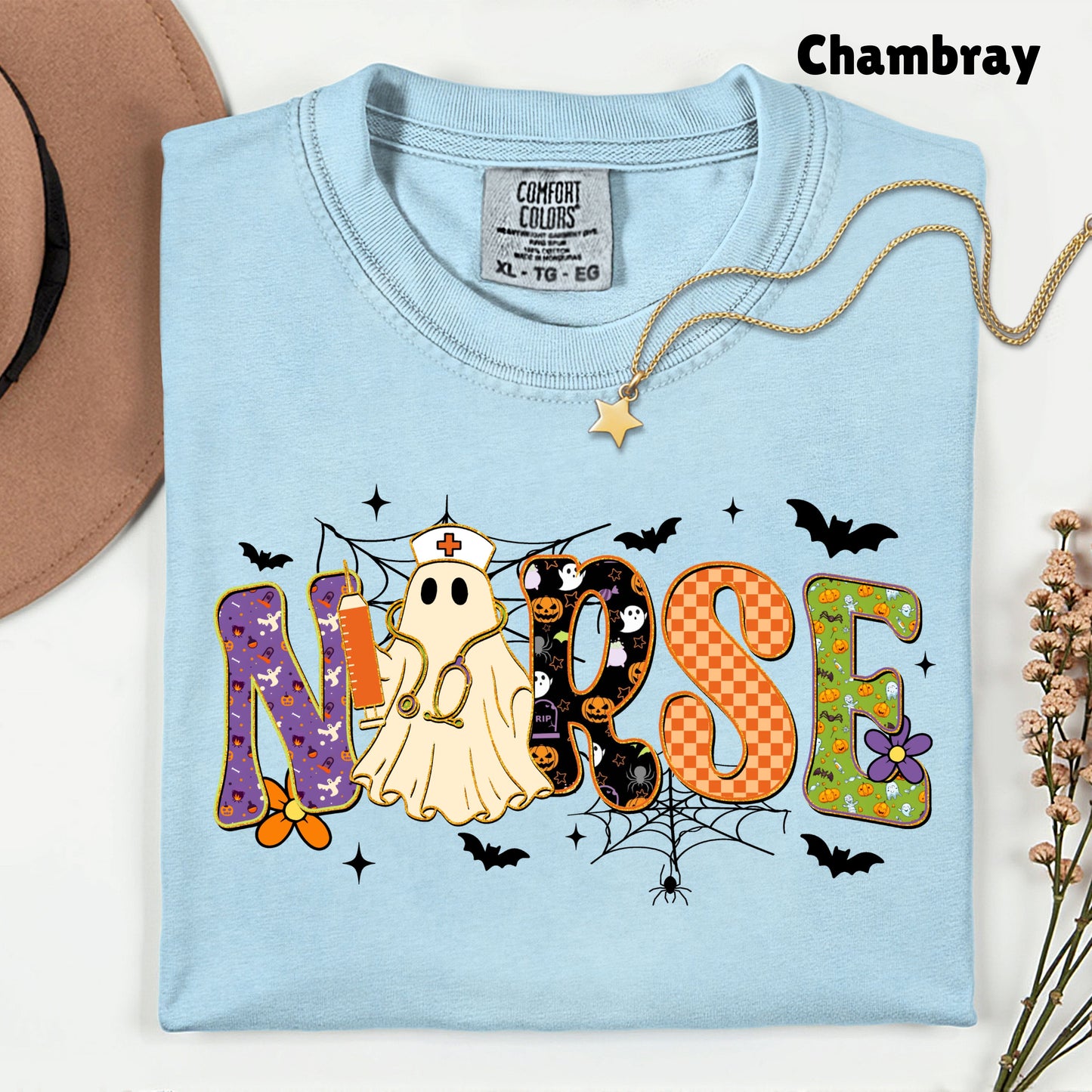 Halloween Nurse Ghost T-Shirt, Spooky Nurse Life Hat Syringe Bats Tee