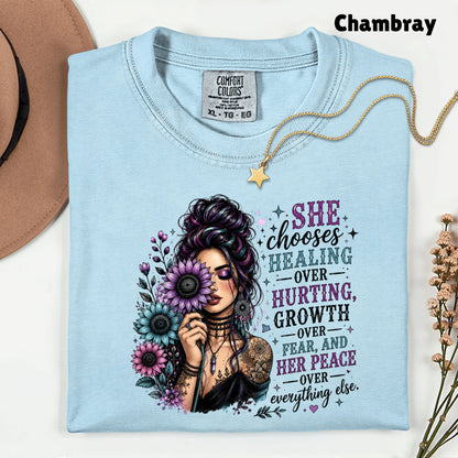 Inspirational Healing Woman She Chooses Healing Over Hurting T-Shirt, Floral Messy Bun Sunflower Tee