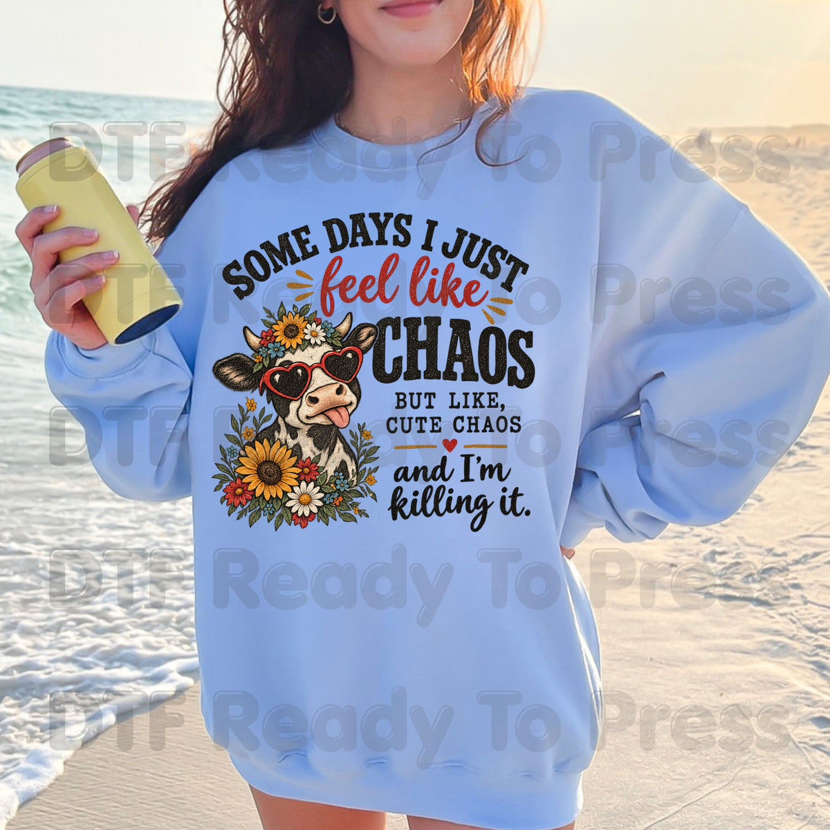 Cute Chaos Cow DTF Transfers, Western Farm Sunflower Glasses Glitter Cowgirl Ready to Press