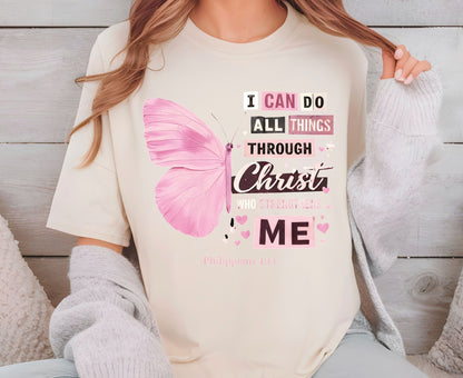 Philippians 4:13 T Shirt Pink Butterfly Tee I Can Do All Things Through Christ Shirt Religious Faith Gift Adult Youth Toddler Baby Church Outfit
