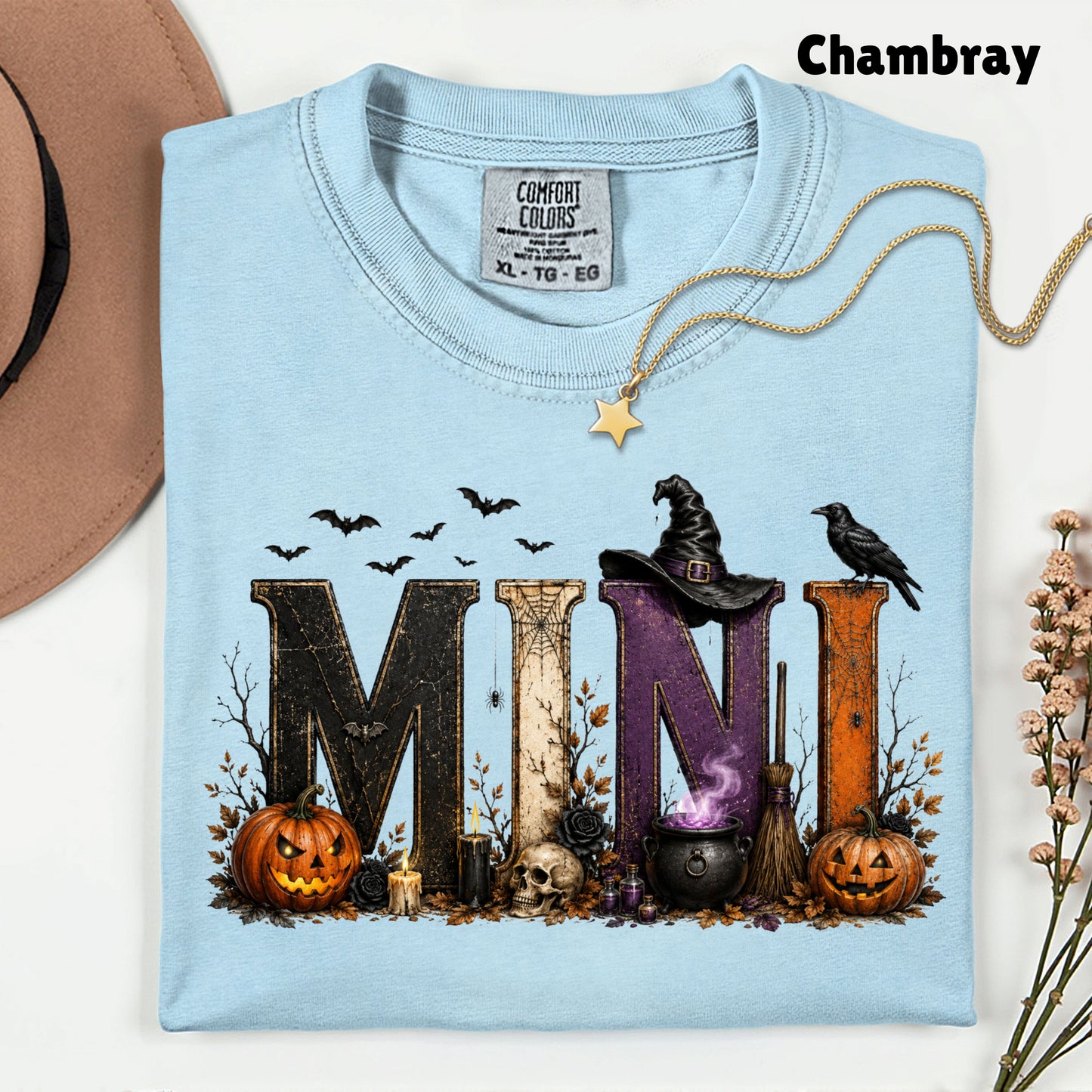 Mini Halloween Witch Hat Cauldron Pumpkin Kids T-Shirt, Spooky Season Tee