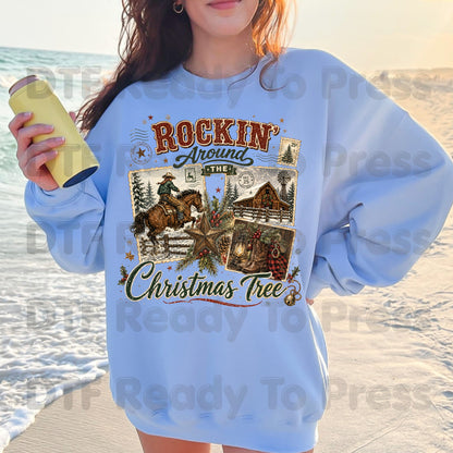 Rockin Around Christmas Tree DTF Transfers, Western Cowboy Barn Country Holiday Ready to Press