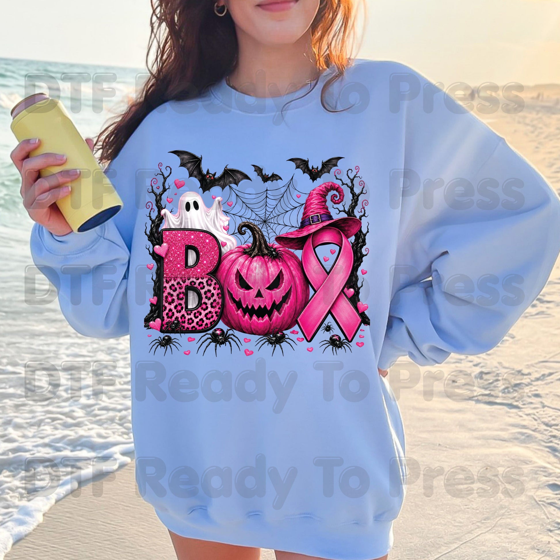 Boo Breast Cancer Awareness Pink Pumpkin Witch Hat DTF Transfer Ready to Press Spooky Heat Transfer Tee