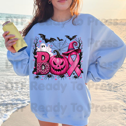 Boo Breast Cancer Awareness Pink Pumpkin Witch Hat DTF Transfer Ready to Press Spooky Heat Transfer Tee