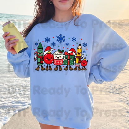 Christmas Teacher Squad DTF Transfers, Holiday School Crayon Cocoa Pencil Teacher Ready to Press