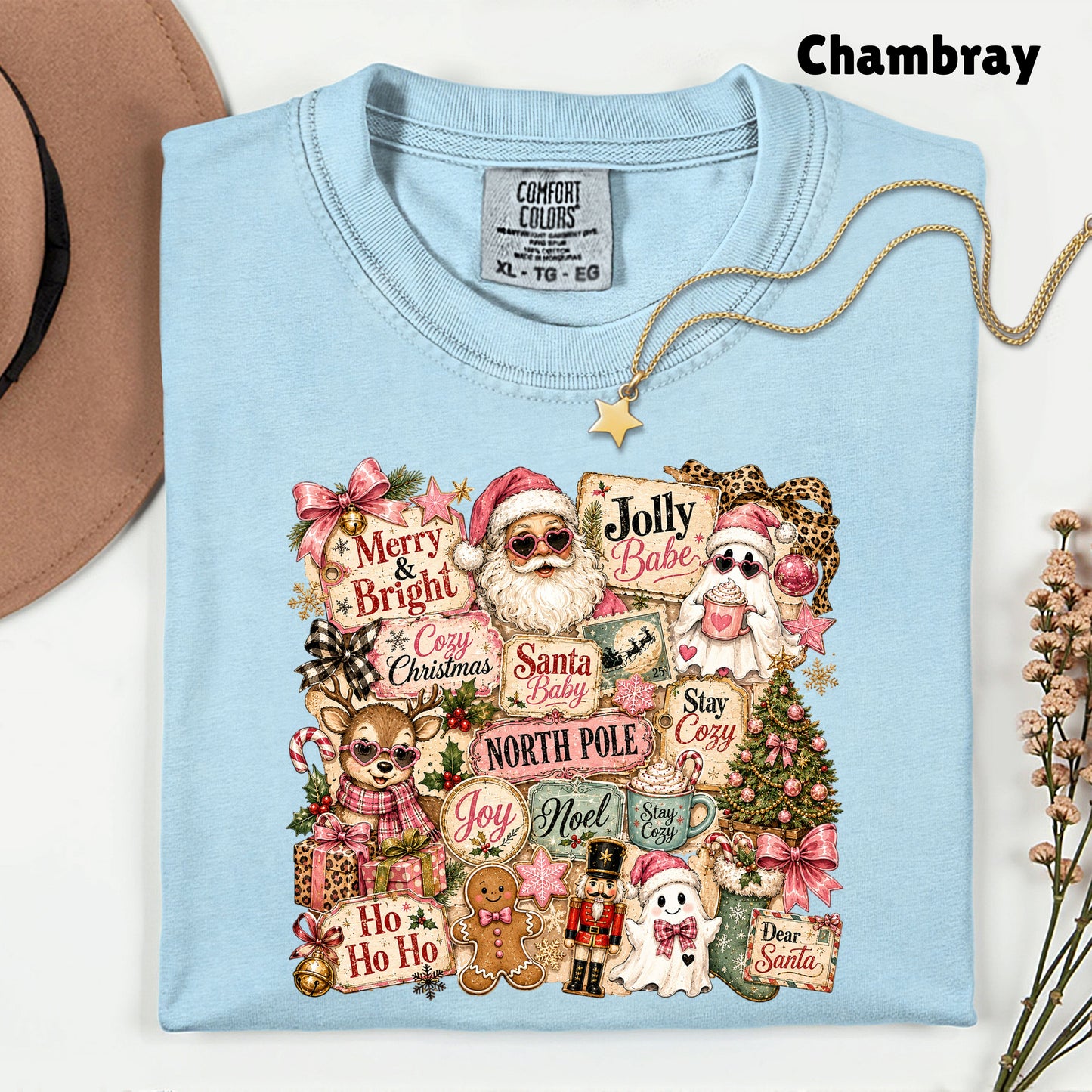 Cozy Pink Christmas Collage T-Shirt, Santa Reindeer Gingerbread Nutcracker North Pole Holiday Tee