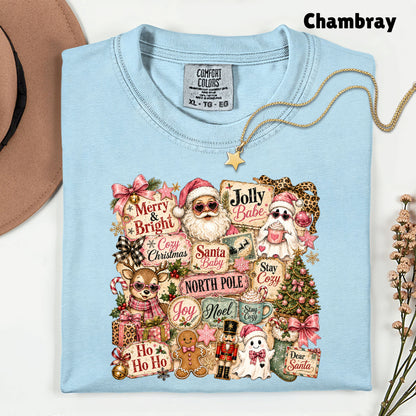 Cozy Pink Christmas Collage T-Shirt, Santa Reindeer Gingerbread Nutcracker North Pole Holiday Tee