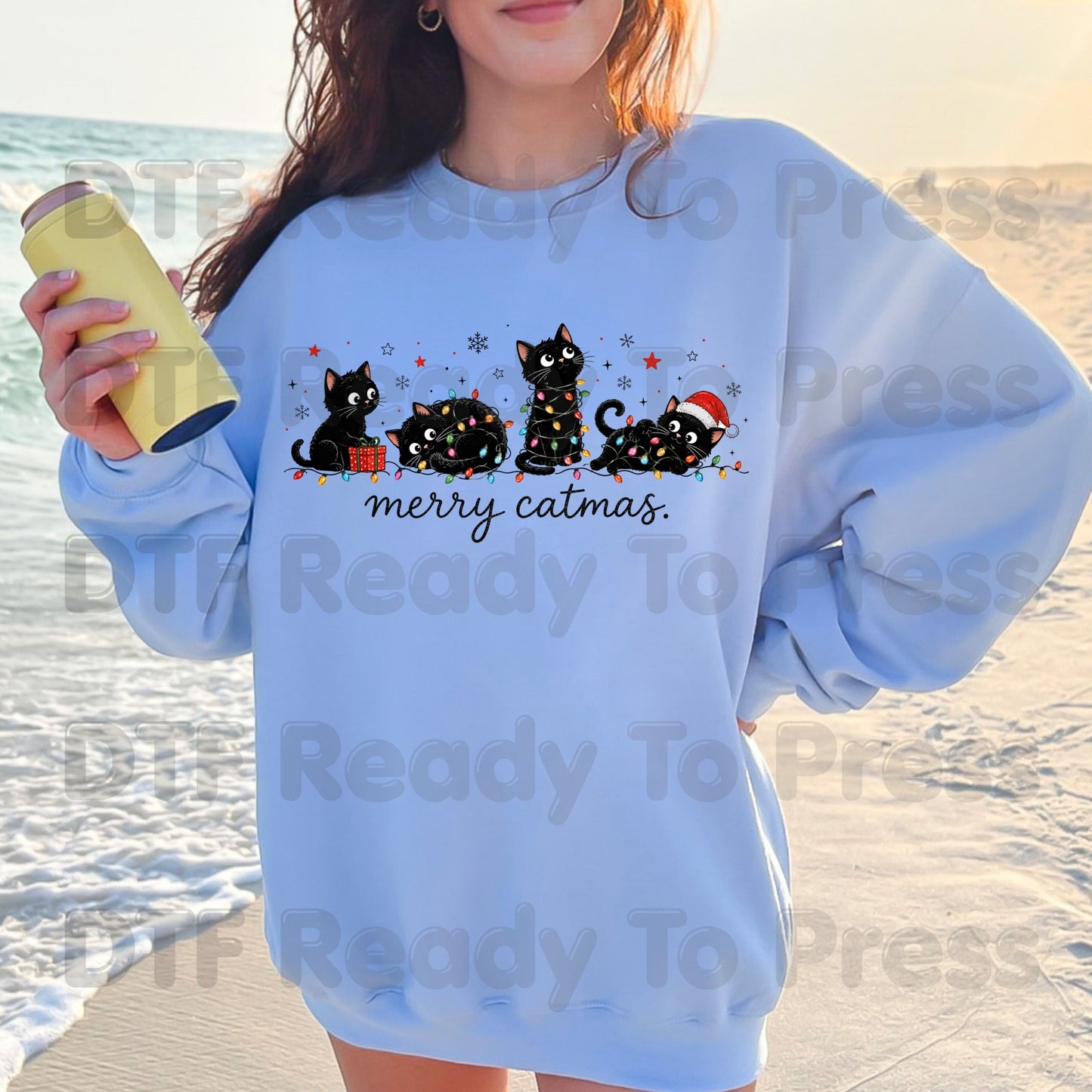 Merry Catmas Black Cats DTF Transfers, Christmas Lights Black Kittens Holiday Cat Lover Ready to Press