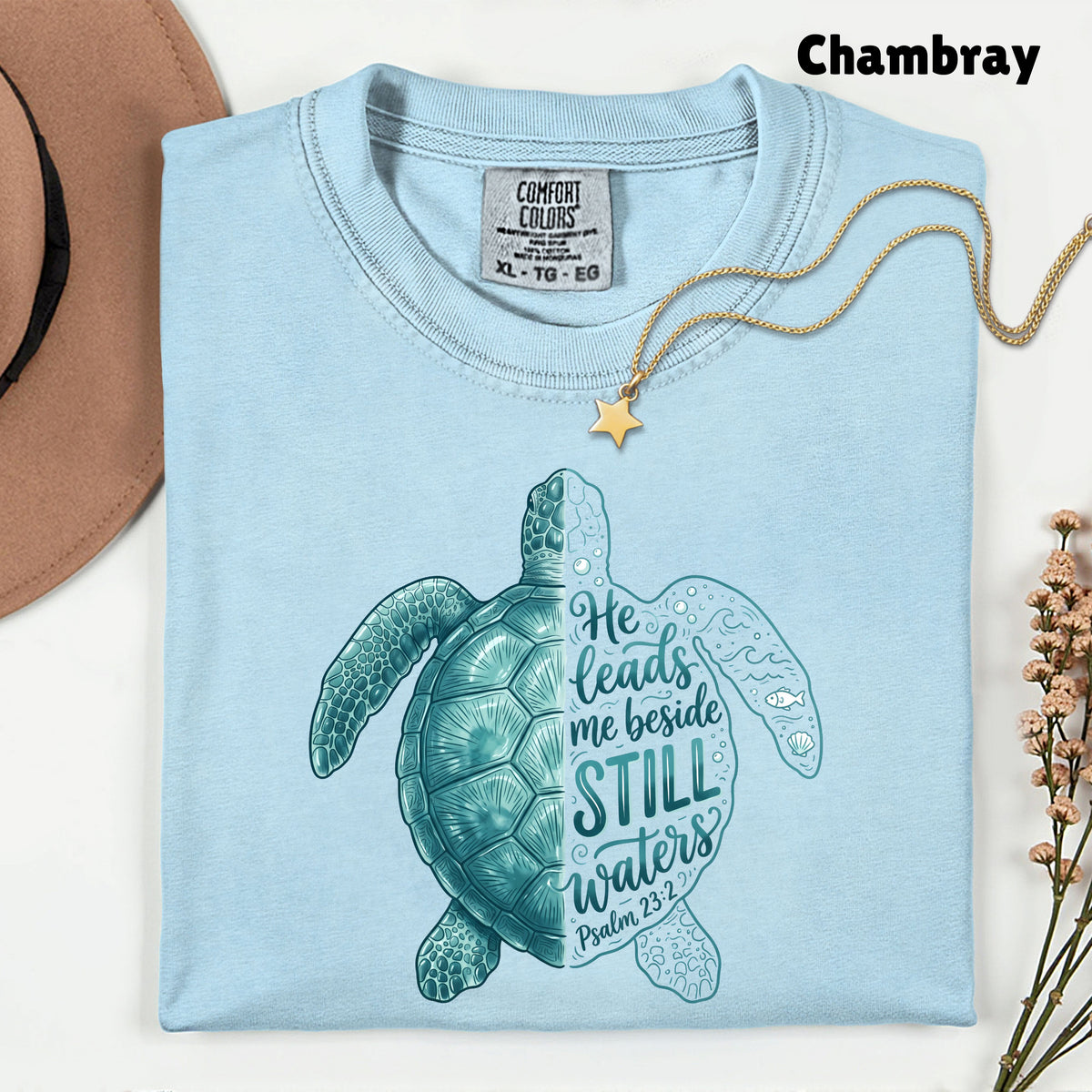 Christian Sea Turtle Psalm 23 T-Shirt, He Leads Me Beside Still Waters Faith Tee