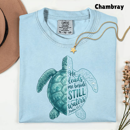 Christian Sea Turtle Psalm 23 T-Shirt, He Leads Me Beside Still Waters Faith Tee