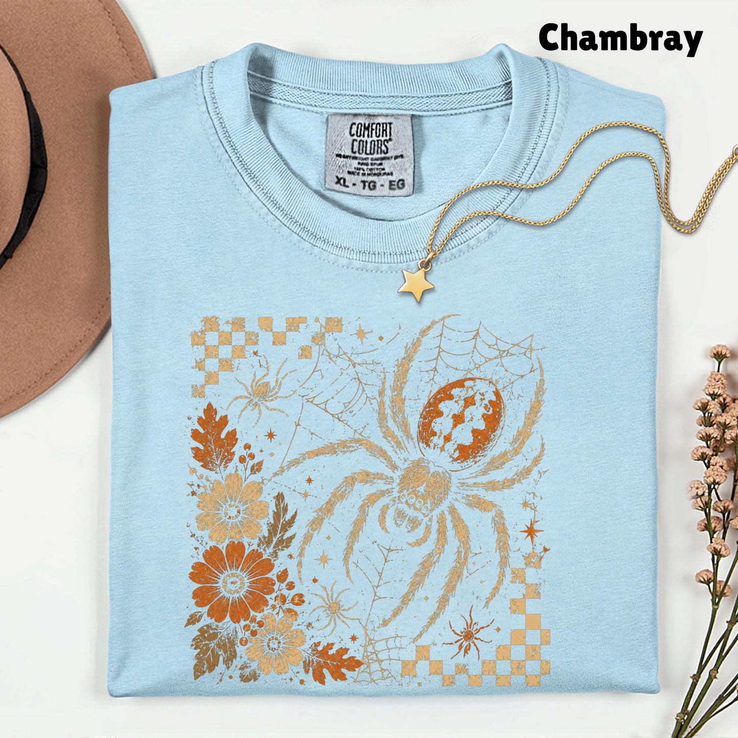 Vintage Fall Halloween Spider T-Shirt, Floral Spiderweb Checkered Spooky Season Tee