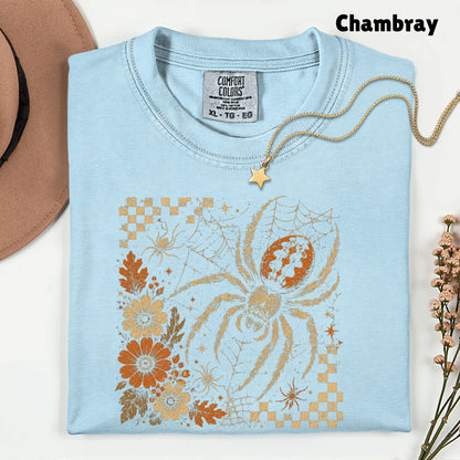 Vintage Fall Halloween Spider T-Shirt, Floral Spiderweb Checkered Spooky Season Tee