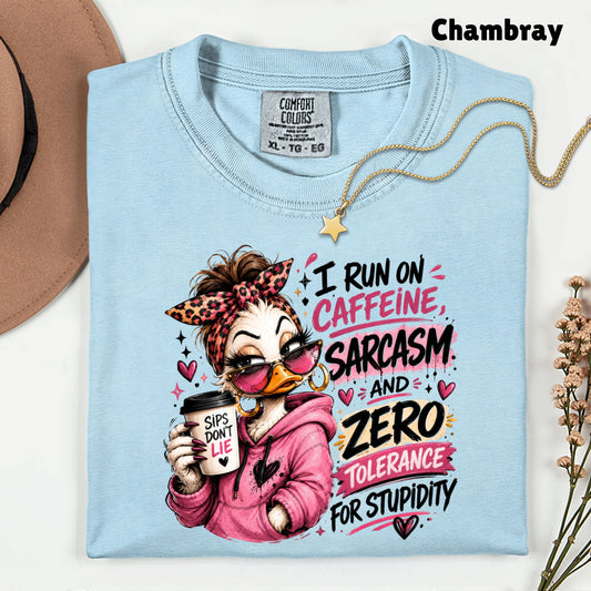 Funny Duck Caffeine T-Shirt, I Run on Caffeine Coffee Messy Bun Leopard Bow Women Tee
