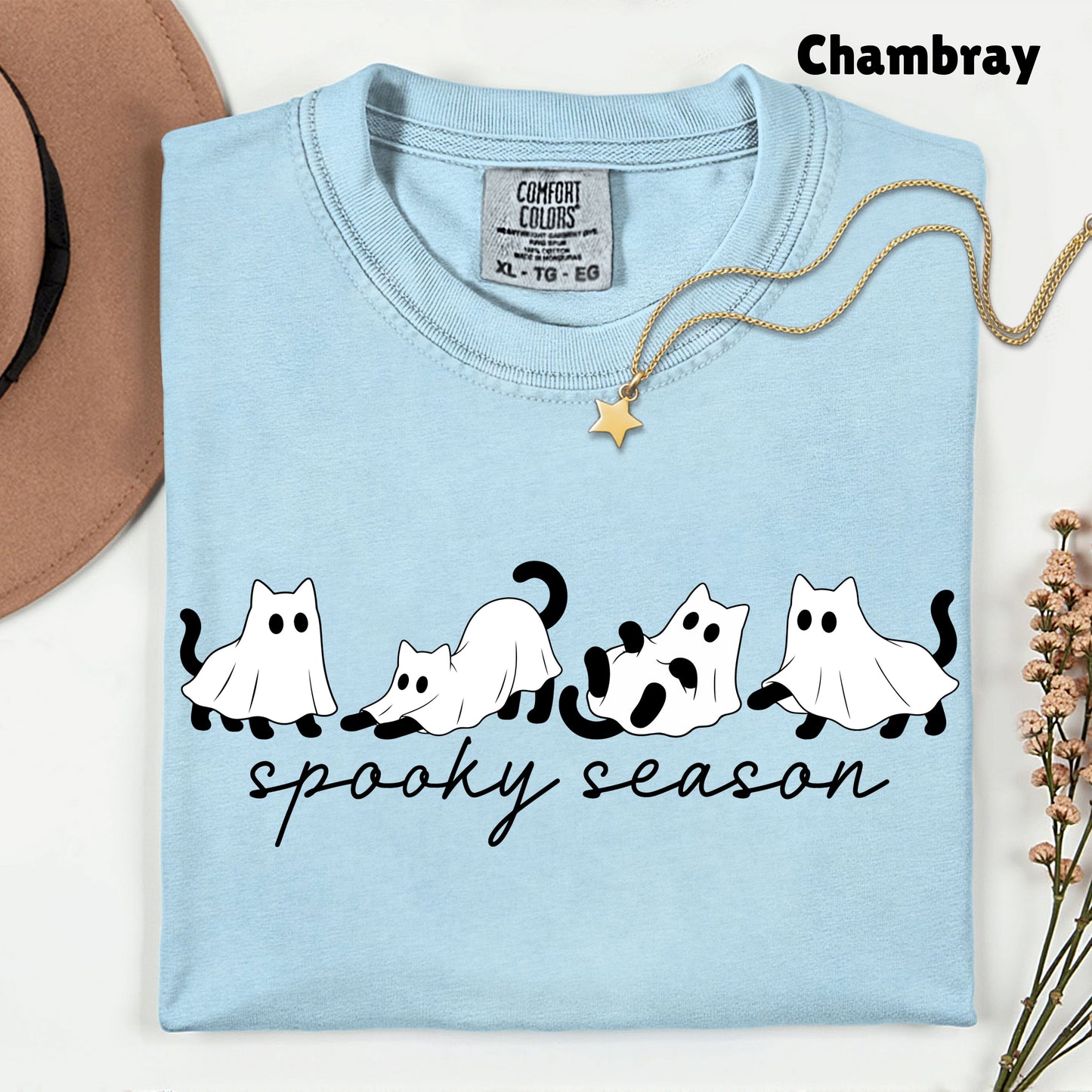 Spooky Season Ghost Cats Halloween T-Shirt, Black Cats Ghost Line Art Minimalist Tee