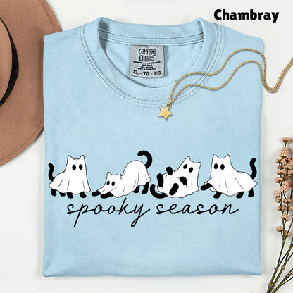 Spooky Season Ghost Cats Halloween T-Shirt, Black Cats Ghost Line Art Minimalist Tee