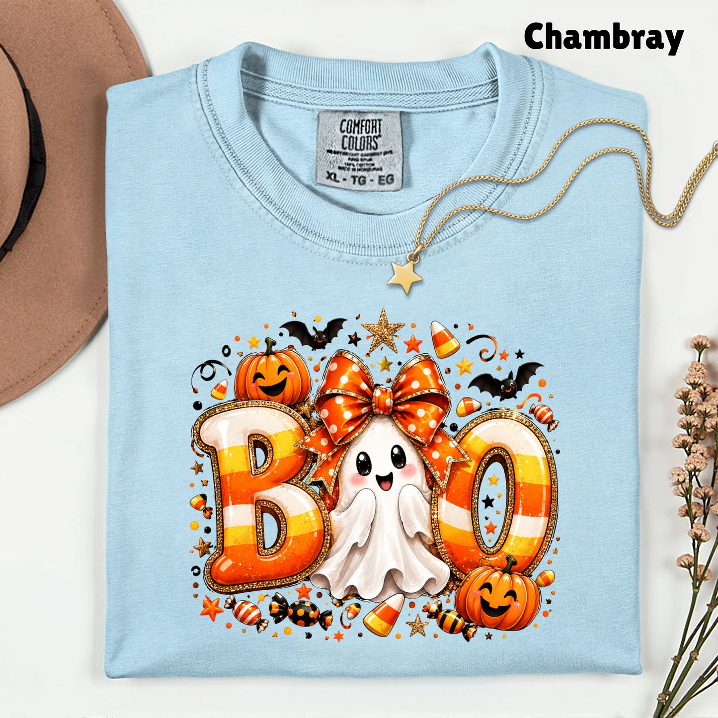 Halloween Boo Ghost Orange Bow T-Shirt, Candy Corn Pumpkin Spooky Season Tee