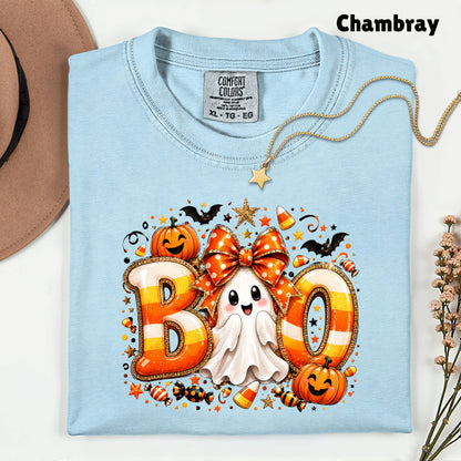 Halloween Boo Ghost Orange Bow T-Shirt, Candy Corn Pumpkin Spooky Season Tee