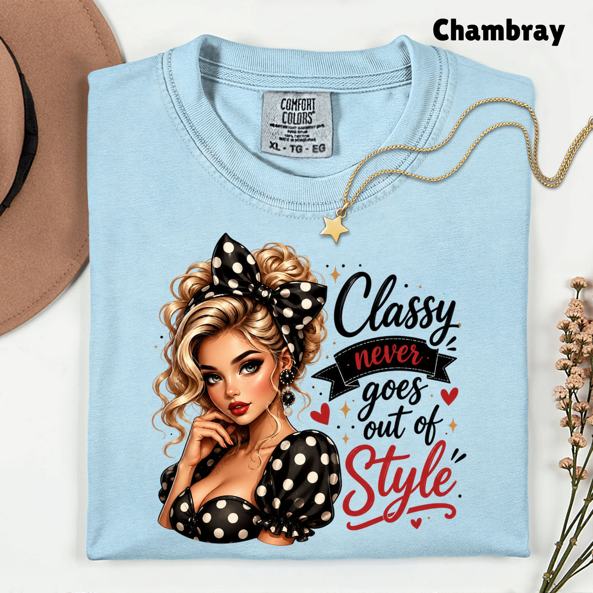 Classy Never Goes Out of Style Pinup Girl T-Shirt, Vintage Polka Dot Bow Tee Sweatshirt