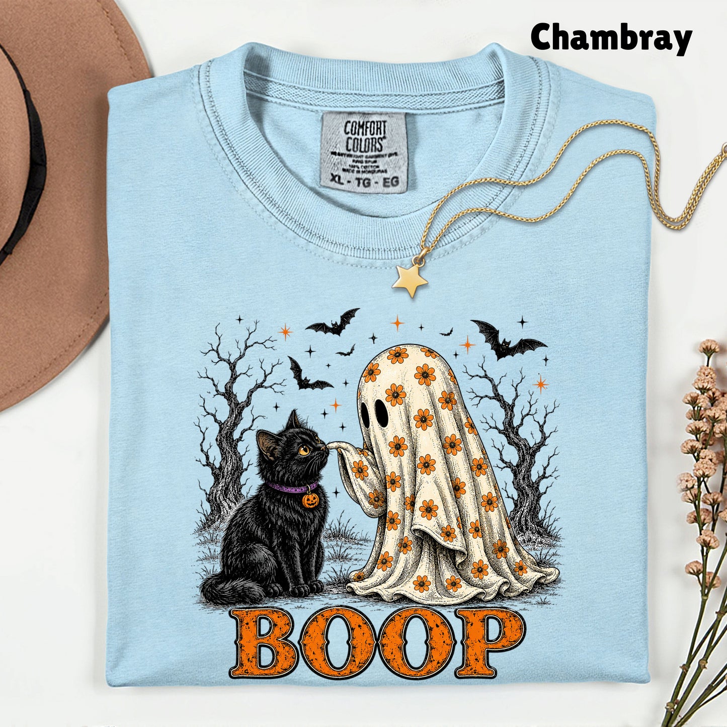 Halloween Ghost Boop Black Cat T-Shirt, Spooky Season Ghost Tee