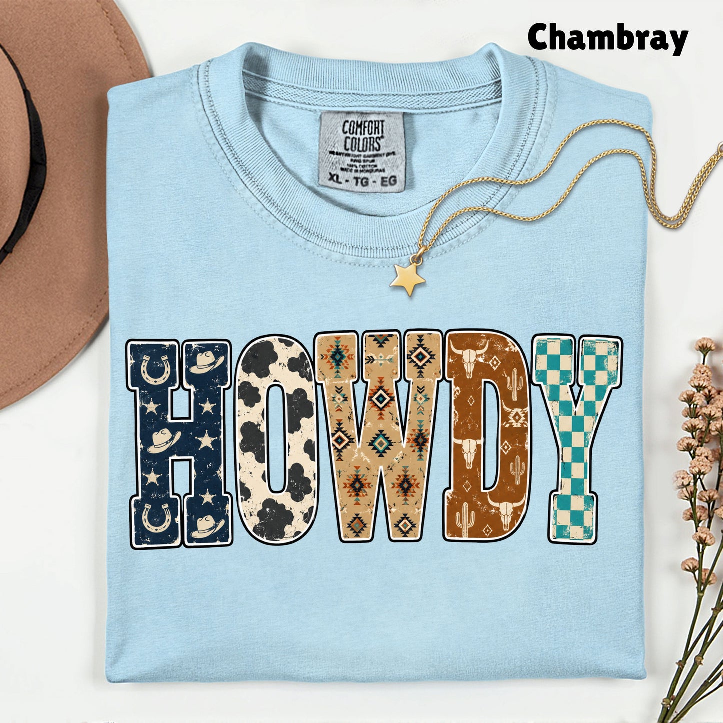 Western Howdy Cow Print T-Shirt, Southwestern Western Vibe Comfort Color Tee